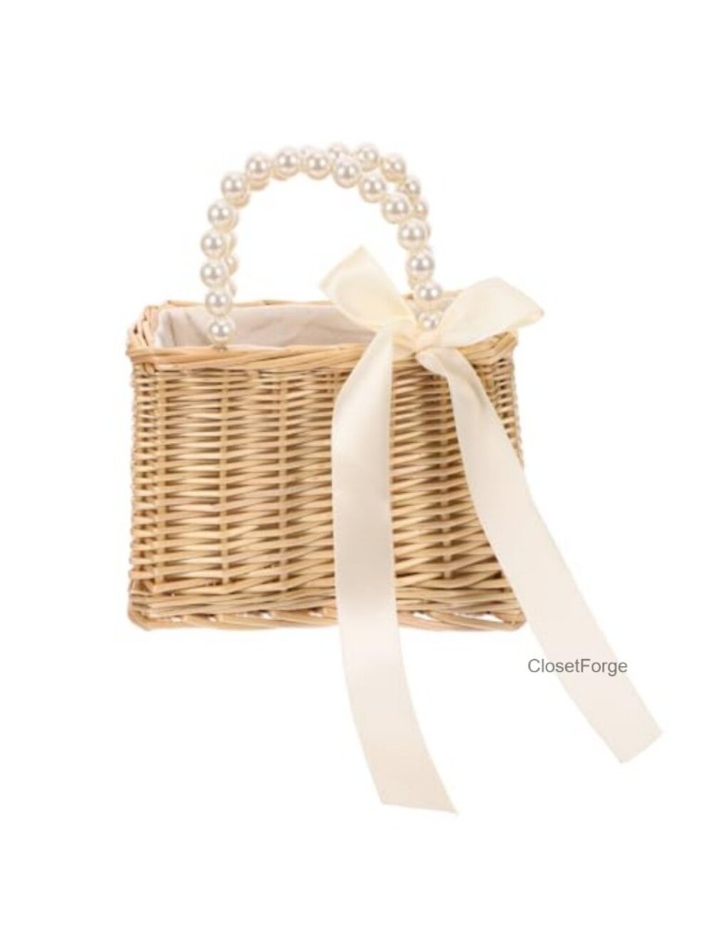 Handwoven Wicker Straw Beach Tote with Pearl Decor, Drawstring Closure,